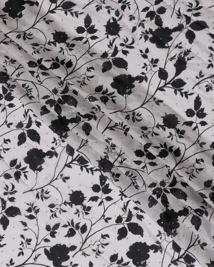 Black and White Floral Synthetic Chinon Fabric with gold foil, 110 cm Width-D19672