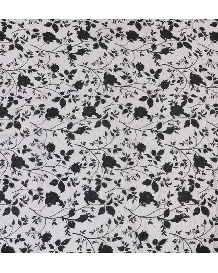 Black and White Floral Synthetic Chinon Fabric with gold foil, 110 cm Width-D19672