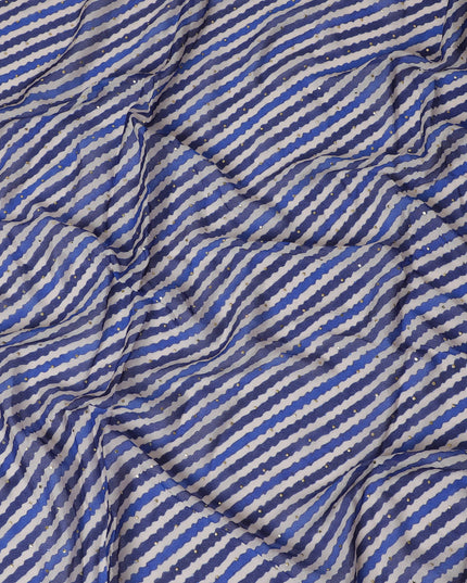 Blue and White Striped Synthetic Chinon Fabric with gold foil, 110 cm Width-D19673