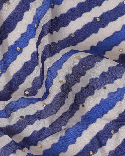 Blue and White Striped Synthetic Chinon Fabric with gold foil, 110 cm Width-D19673