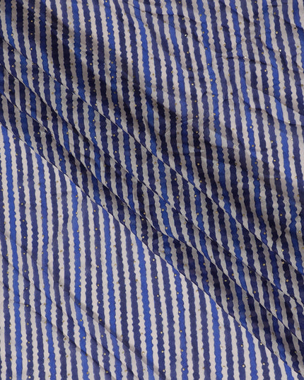 Blue and White Striped Synthetic Chinon Fabric with gold foil, 110 cm Width-D19673