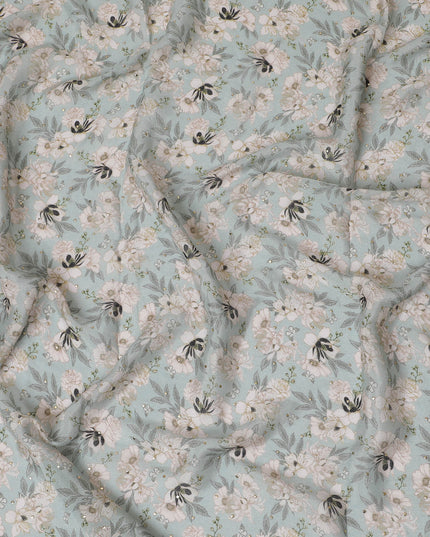 Mint Green and White Floral Synthetic Chinon Fabric with gold foil, 110 cm Width-D19674