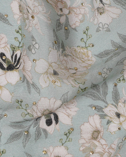 Mint Green and White Floral Synthetic Chinon Fabric with gold foil, 110 cm Width-D19674