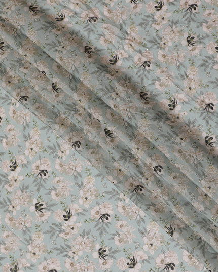 Mint Green and White Floral Synthetic Chinon Fabric with gold foil, 110 cm Width-D19674