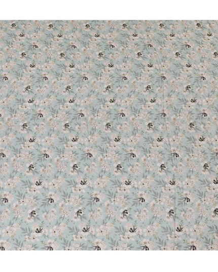 Mint Green and White Floral Synthetic Chinon Fabric with gold foil, 110 cm Width-D19674