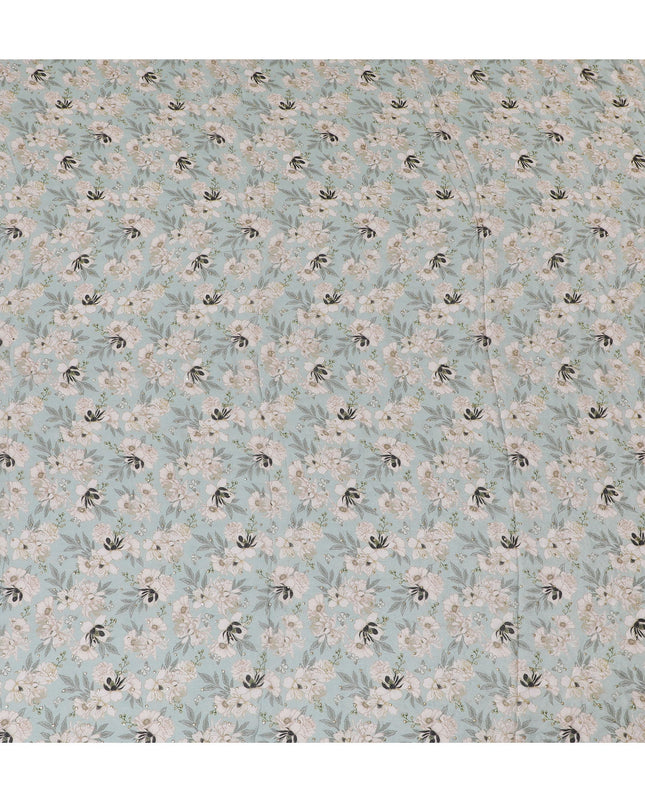 Mint Green and White Floral Synthetic Chinon Fabric with gold foil, 110 cm Width-D19674