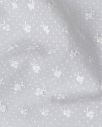 Soft Pearl White Polka Dot and Floral Embroidered Cotton Lawn Fabric, 110 cm Width-D19676