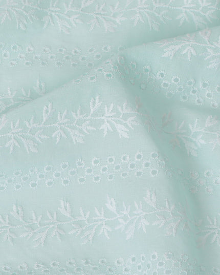 Mint Green Floral Embroidered Cotton Lawn Fabric, 110 cm Width-D19678