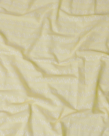 Pastel Yellow Floral Embroidered Cotton Lawn Fabric, 110 cm Width-D19679