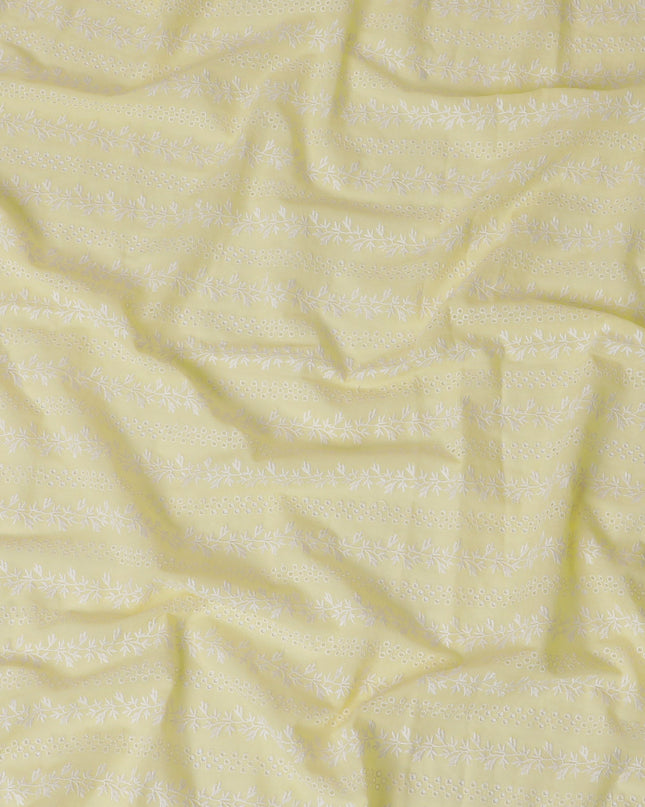 Pastel Yellow Floral Embroidered Cotton Lawn Fabric, 110 cm Width-D19679