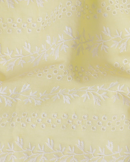 Pastel Yellow Floral Embroidered Cotton Lawn Fabric, 110 cm Width-D19679