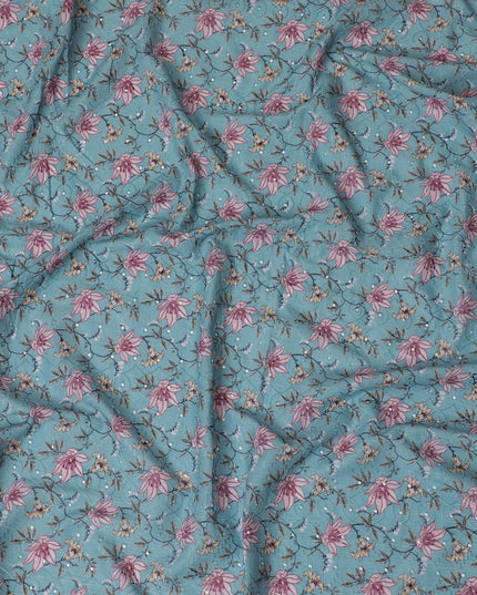 Aqua Blue Floral Cotton Lawn Fabric with embroidery - 110 cm Width, India-D19940