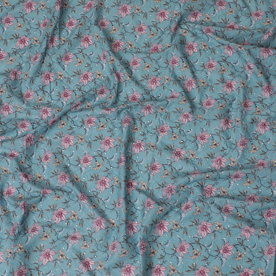 قماش قطني مزين بالزهور باللون الأزرق المائي مع تطريز - عرض 110 سم، India-D19940