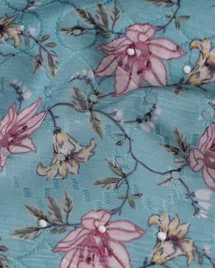 Aqua Blue Floral Cotton Lawn Fabric with embroidery - 110 cm Width, India-D19940