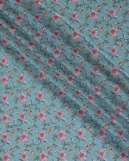 Aqua Blue Floral Cotton Lawn Fabric with embroidery - 110 cm Width, India-D19940