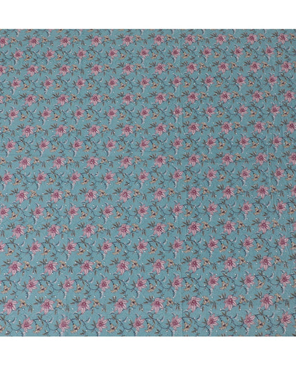 Aqua Blue Floral Cotton Lawn Fabric with embroidery - 110 cm Width, India-D19940