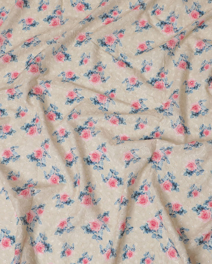 Cream Floral Embroidered Cotton Lawn Fabric - 110 cm Width, India-D19941