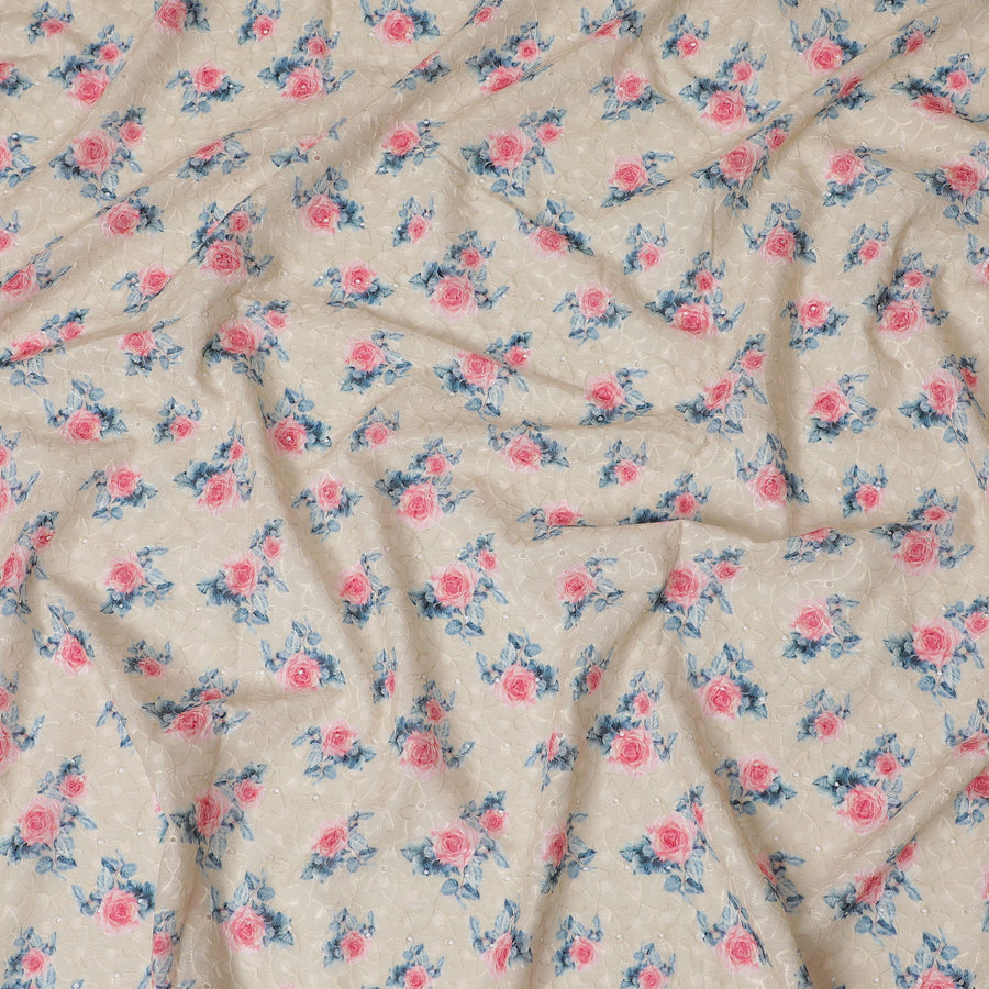 Cream Floral Embroidered Cotton Lawn Fabric - 110 cm Width, India-D19941