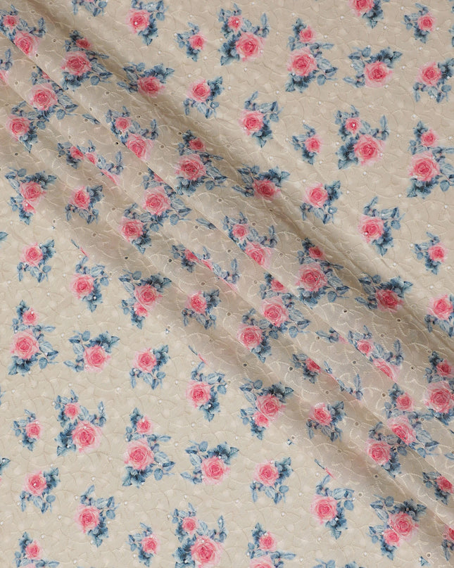 Cream Floral Embroidered Cotton Lawn Fabric - 110 cm Width, India-D19941