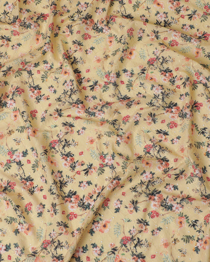 Yellow Floral Embroidered Cotton Lawn Fabric - 110 cm Width, India-D19942