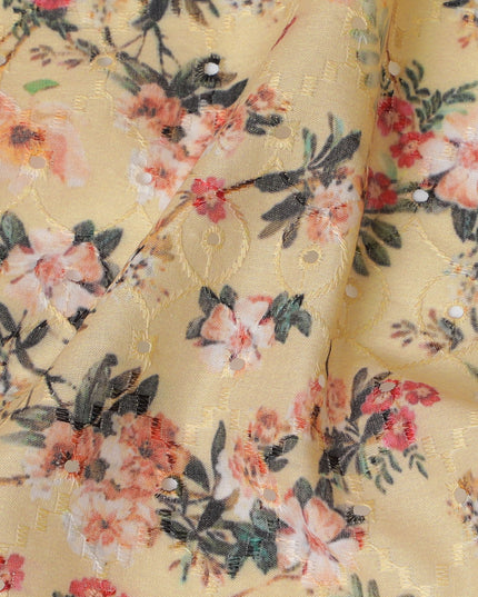 Yellow Floral Embroidered Cotton Lawn Fabric - 110 cm Width, India-D19942