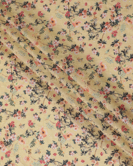 Yellow Floral Embroidered Cotton Lawn Fabric - 110 cm Width, India-D19942