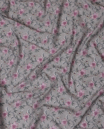 Grey Floral Embroidered Cotton Lawn Fabric - 110 cm Width, India-D19943