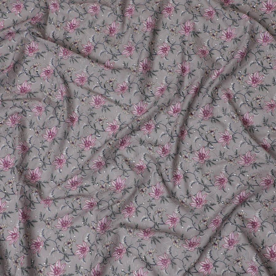 Grey Floral Embroidered Cotton Lawn Fabric - 110 cm Width, India-D19943