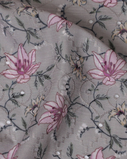 Grey Floral Embroidered Cotton Lawn Fabric - 110 cm Width, India-D19943