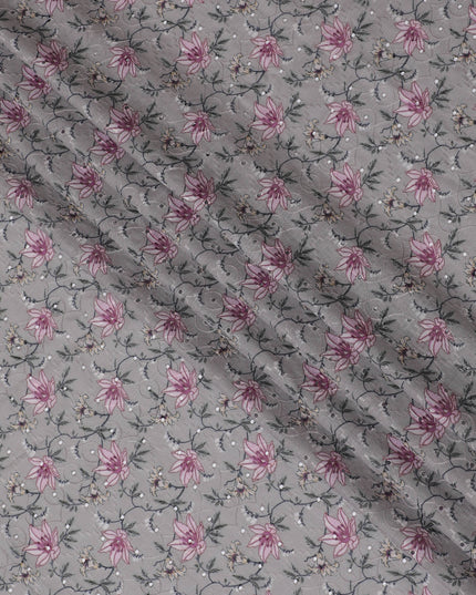 Grey Floral Embroidered Cotton Lawn Fabric - 110 cm Width, India-D19943