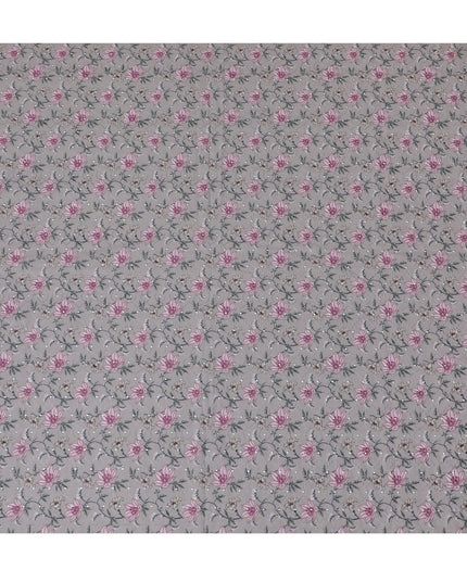 Grey Floral Embroidered Cotton Lawn Fabric - 110 cm Width, India-D19943