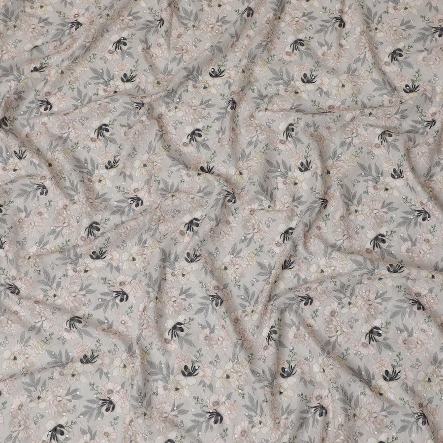 قماش عشبي قطن ناعم مطرز بالزهور باللون الأبيض - عرض 110 سم، India-D19944