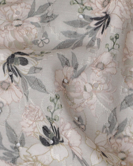 Soft White Floral Embroidered Cotton Lawn Fabric - 110 cm Width, India-D19944