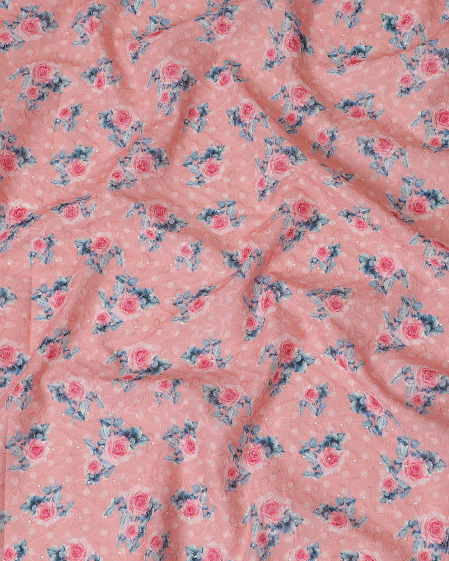 Pink Floral Embroidered Cotton Lawn Fabric - 110 cm Width, India-D19945
