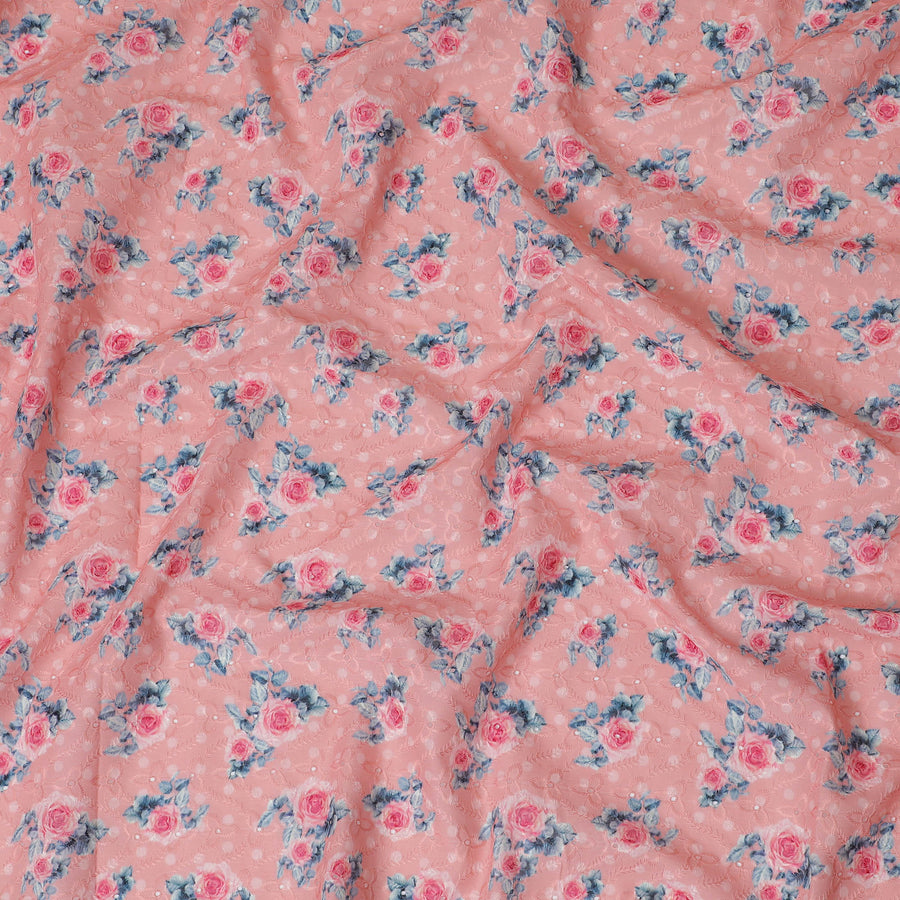 Pink Floral Embroidered Cotton Lawn Fabric - 110 cm Width, India-D19945