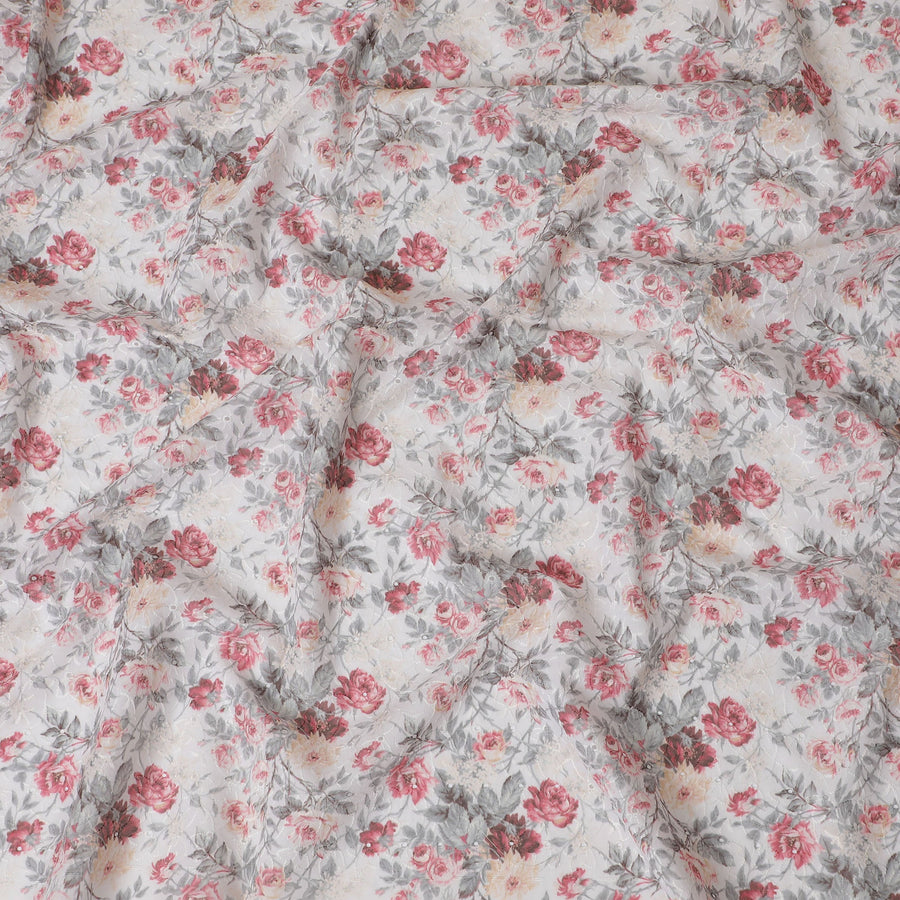 White Floral Embroidered Cotton Lawn Fabric - 110 cm Width, India-D19946