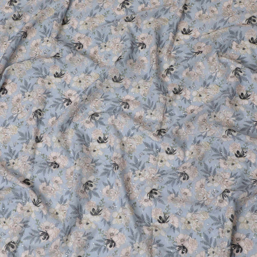 Light Blue Floral Embroidered Cotton Lawn Fabric - 110 cm Width, India-D19947