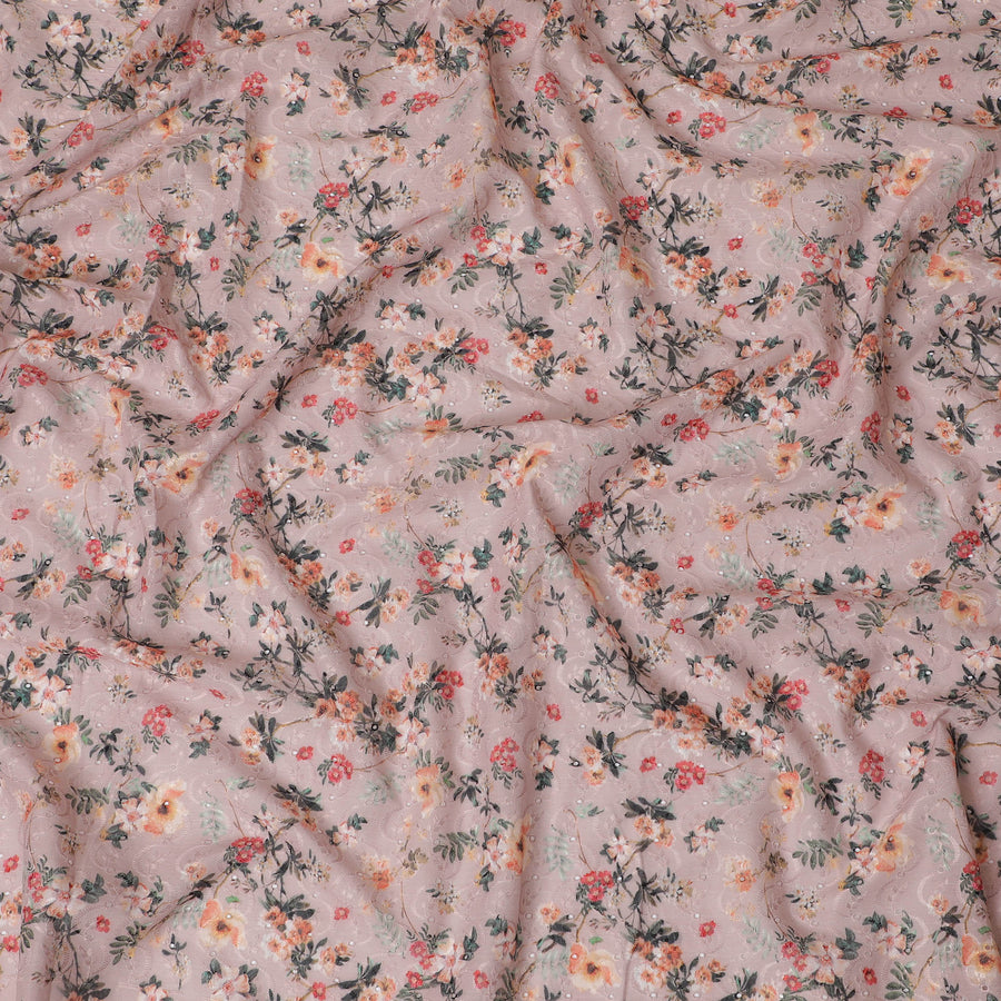 Peach Floral Embroidered Cotton Lawn Fabric - 110 cm Width, India-D19948