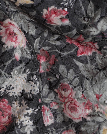 Black Floral Embroidered Cotton Lawn Fabric - 110 cm Width, India-D19949