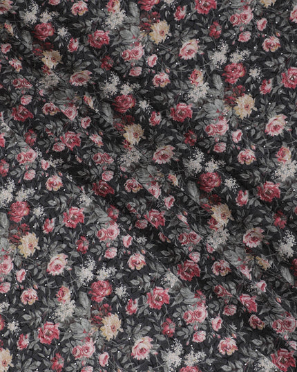 Black Floral Embroidered Cotton Lawn Fabric - 110 cm Width, India-D19949