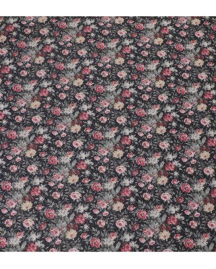 Black Floral Embroidered Cotton Lawn Fabric - 110 cm Width, India-D19949