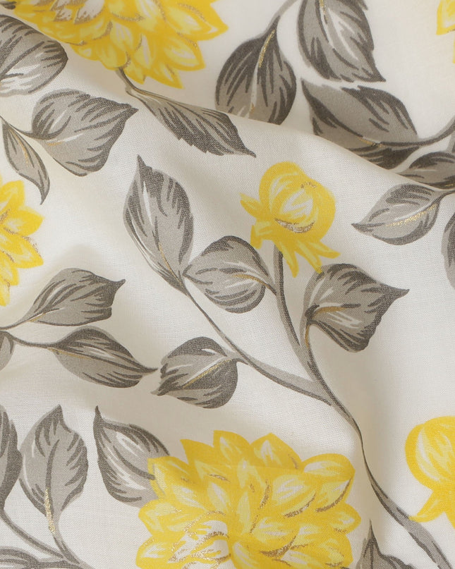 Yellow and Grey Floral Cotton Lawn Fabric - 110 cm Width, India-D19951