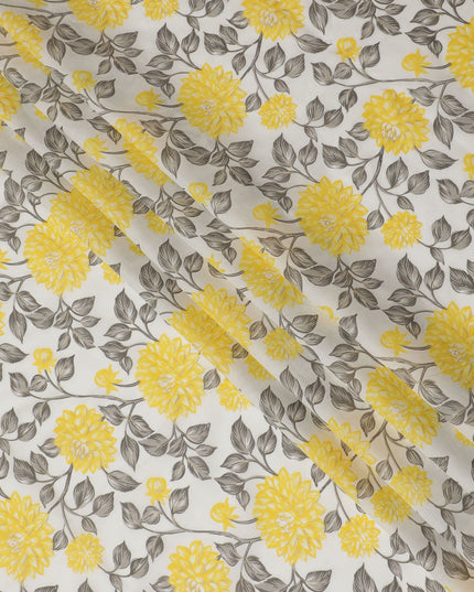 Yellow and Grey Floral Cotton Lawn Fabric - 110 cm Width, India-D19951