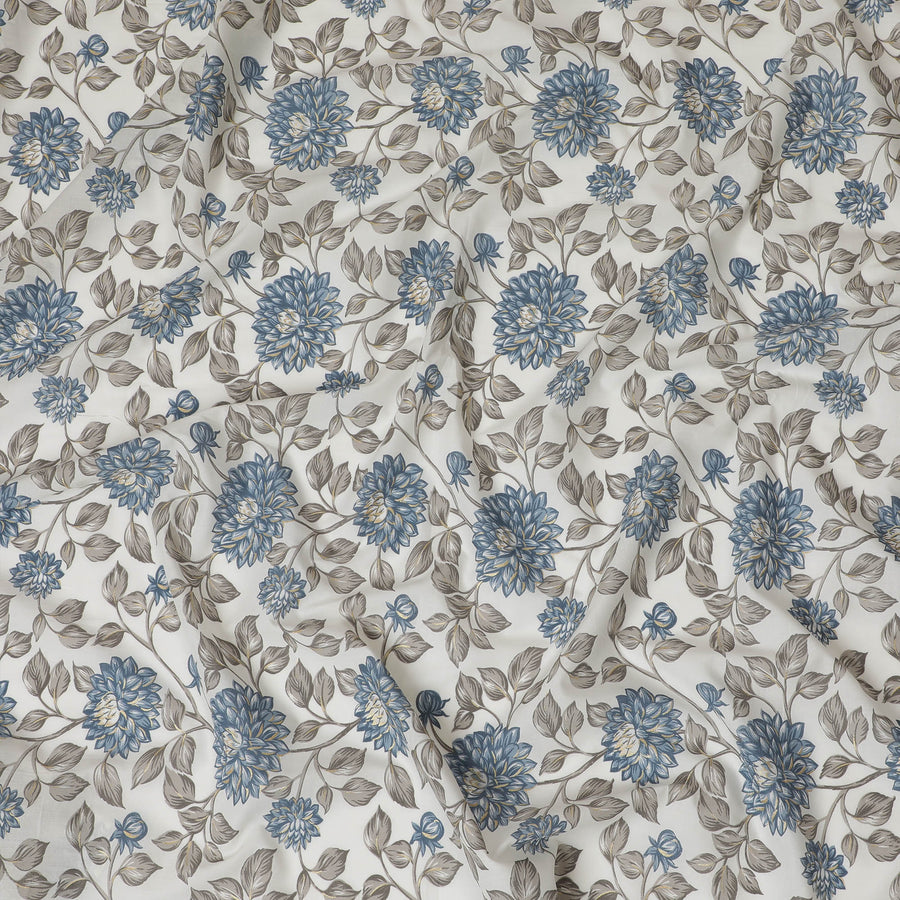 Blue and Grey Floral Cotton Lawn Fabric - 110 cm Width, India-D19952