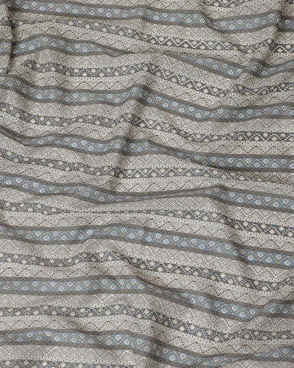 Blue and Grey Geometric Cotton Lawn Fabric in stripe design - 110 cm Width, India-D19953