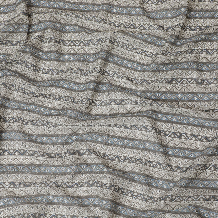 Blue and Grey Geometric Cotton Lawn Fabric in stripe design - 110 cm Width, India-D19953