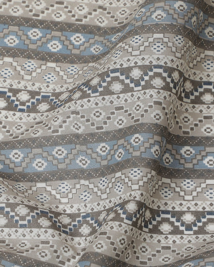 Blue and Grey Geometric Cotton Lawn Fabric in stripe design - 110 cm Width, India-D19953