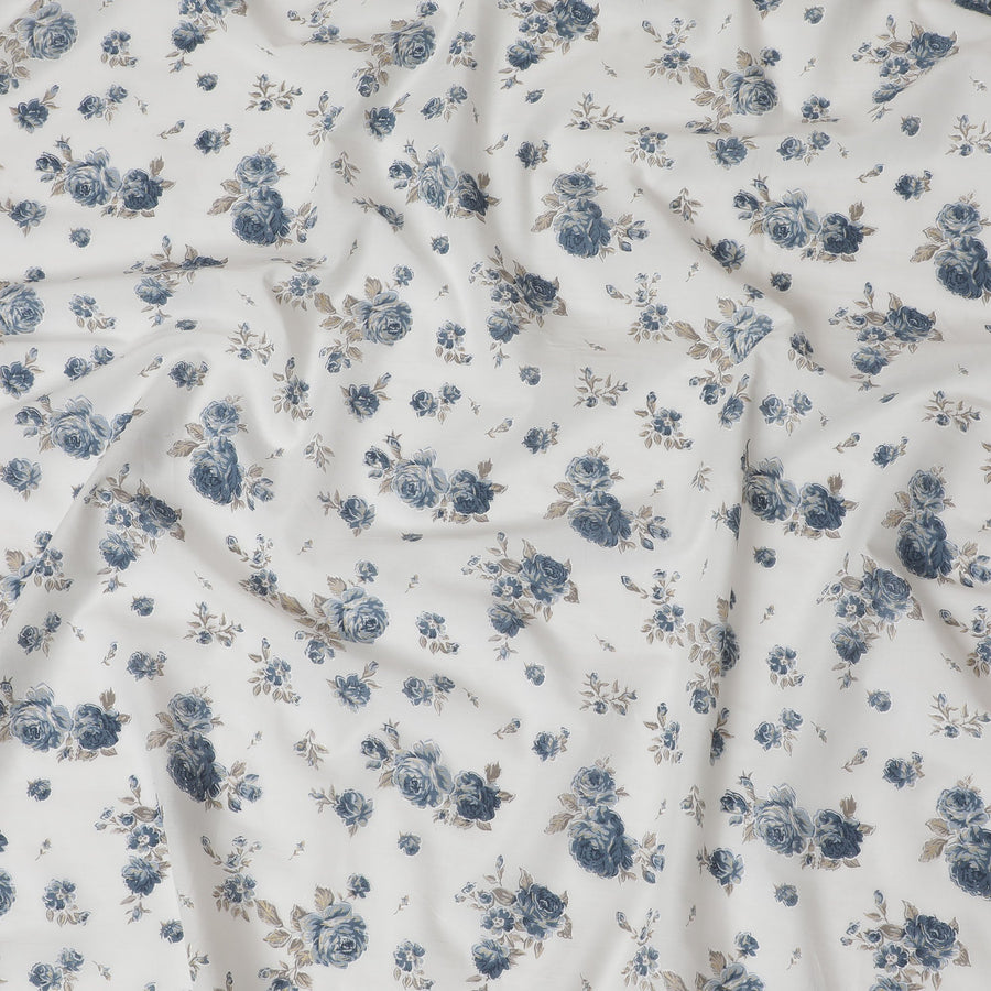 White and Blue Floral Cotton Lawn Fabric - 110 cm Width, India-D19954