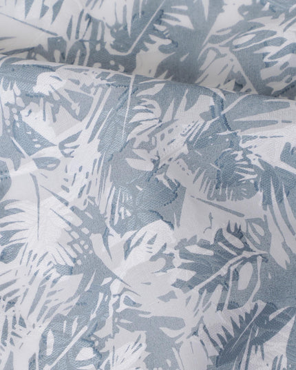 Uragiri Cotton Voile Fabric with jacquard, 110 cm Width, White and Blue Leaf Design-D19957