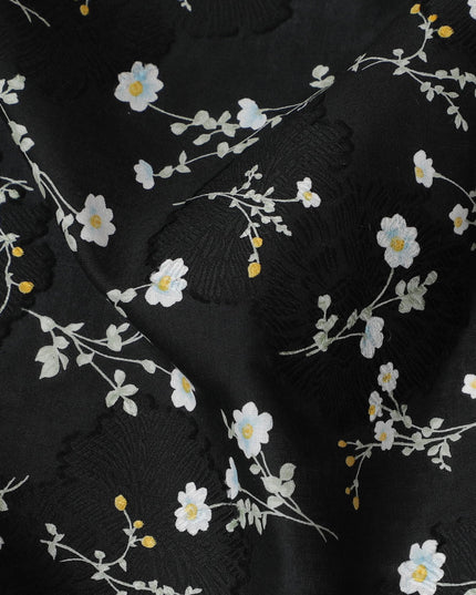 Uragiri Cotton Voile Fabric with jacquard, 110 cm Width, Black and White Floral Design-D19959